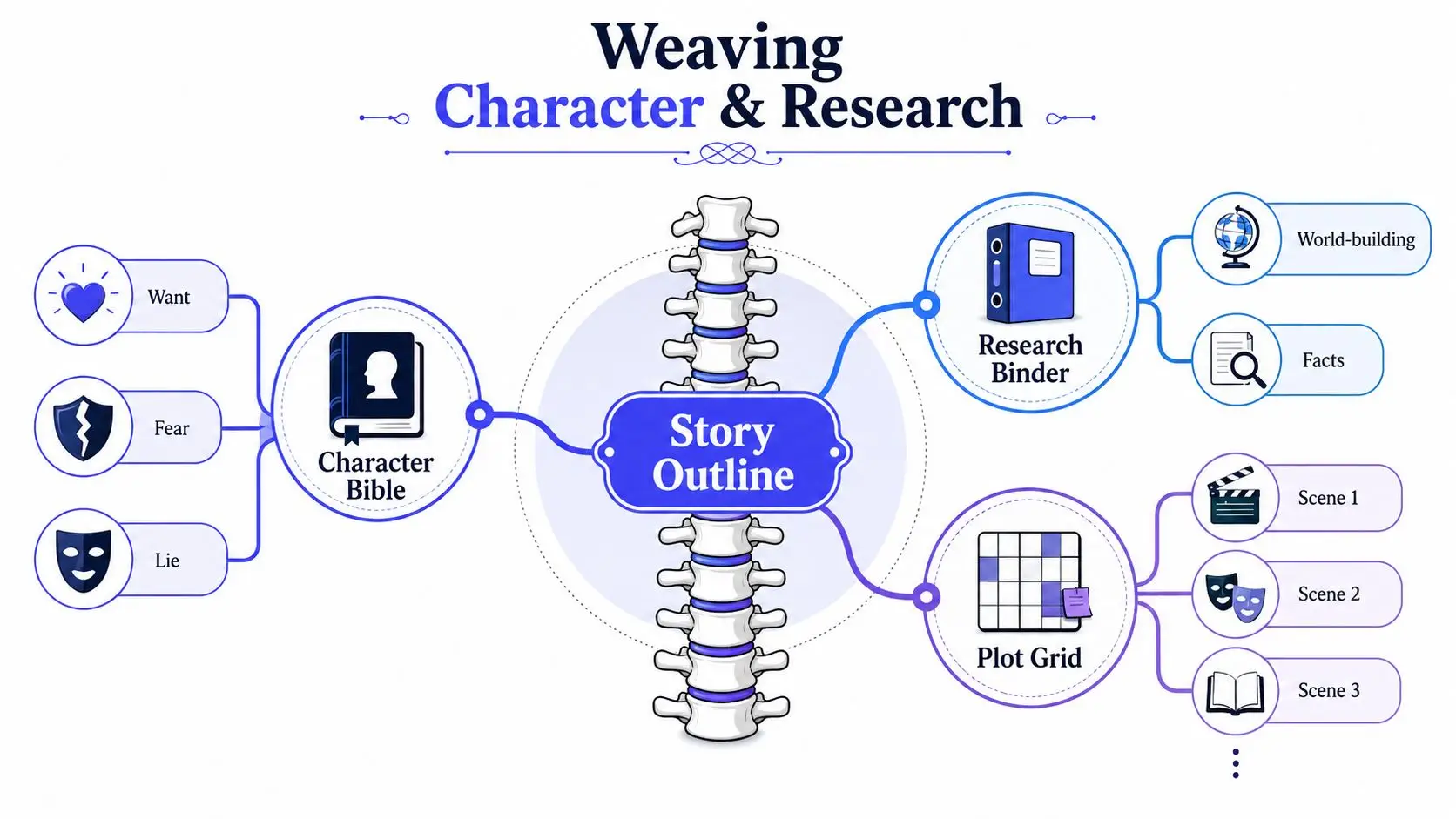 A diagram illustrating the process of weaving a character bible and research into a structured story outline.