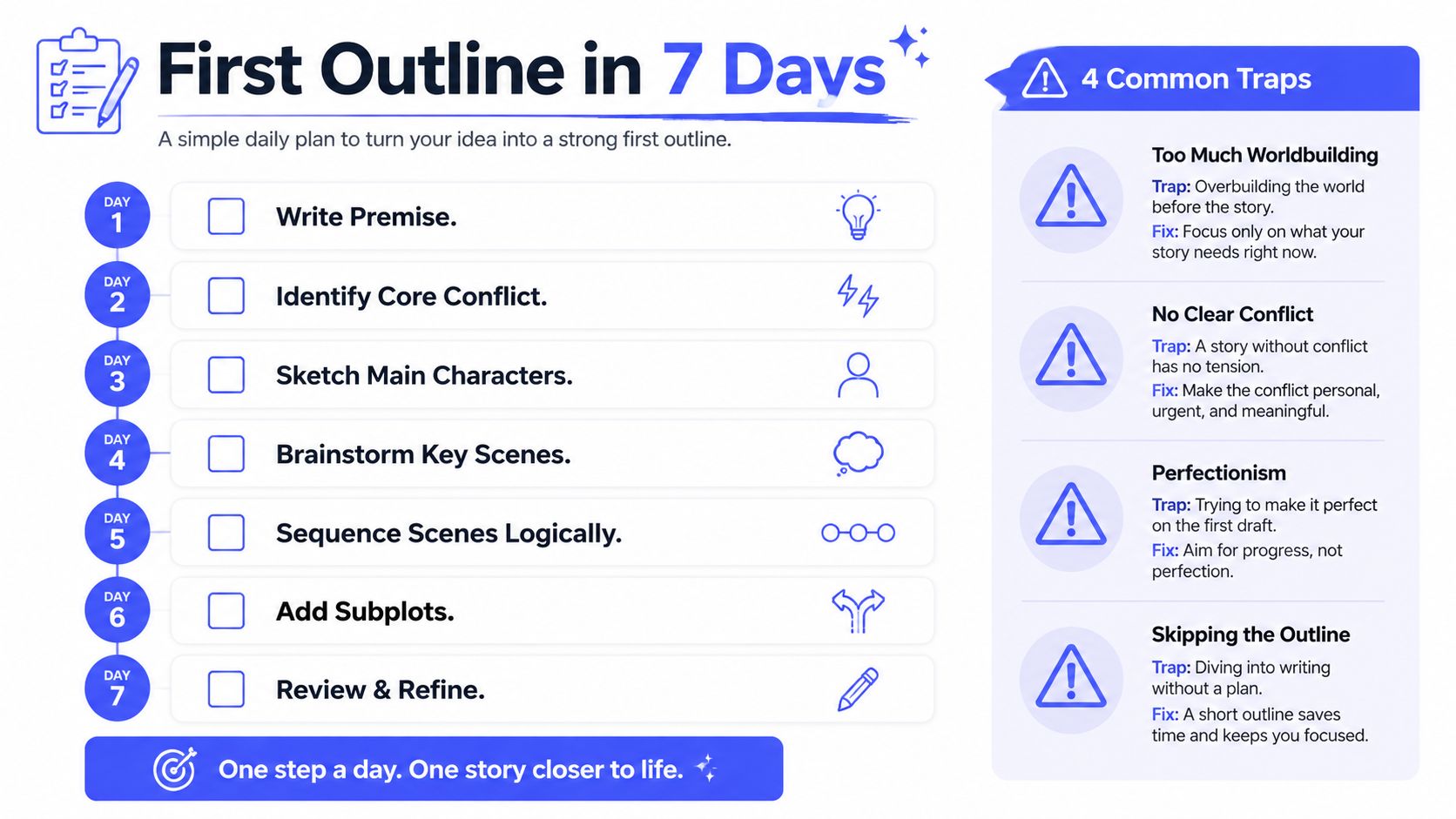 A seven-day daily planner infographic designed to help writers create a story outline for their creative projects.