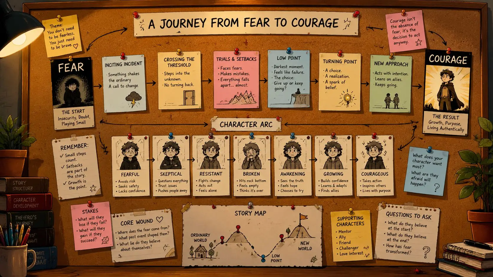 A corkboard displaying an illustrated guide titled A Journey From Fear to Courage, mapping character development stages.