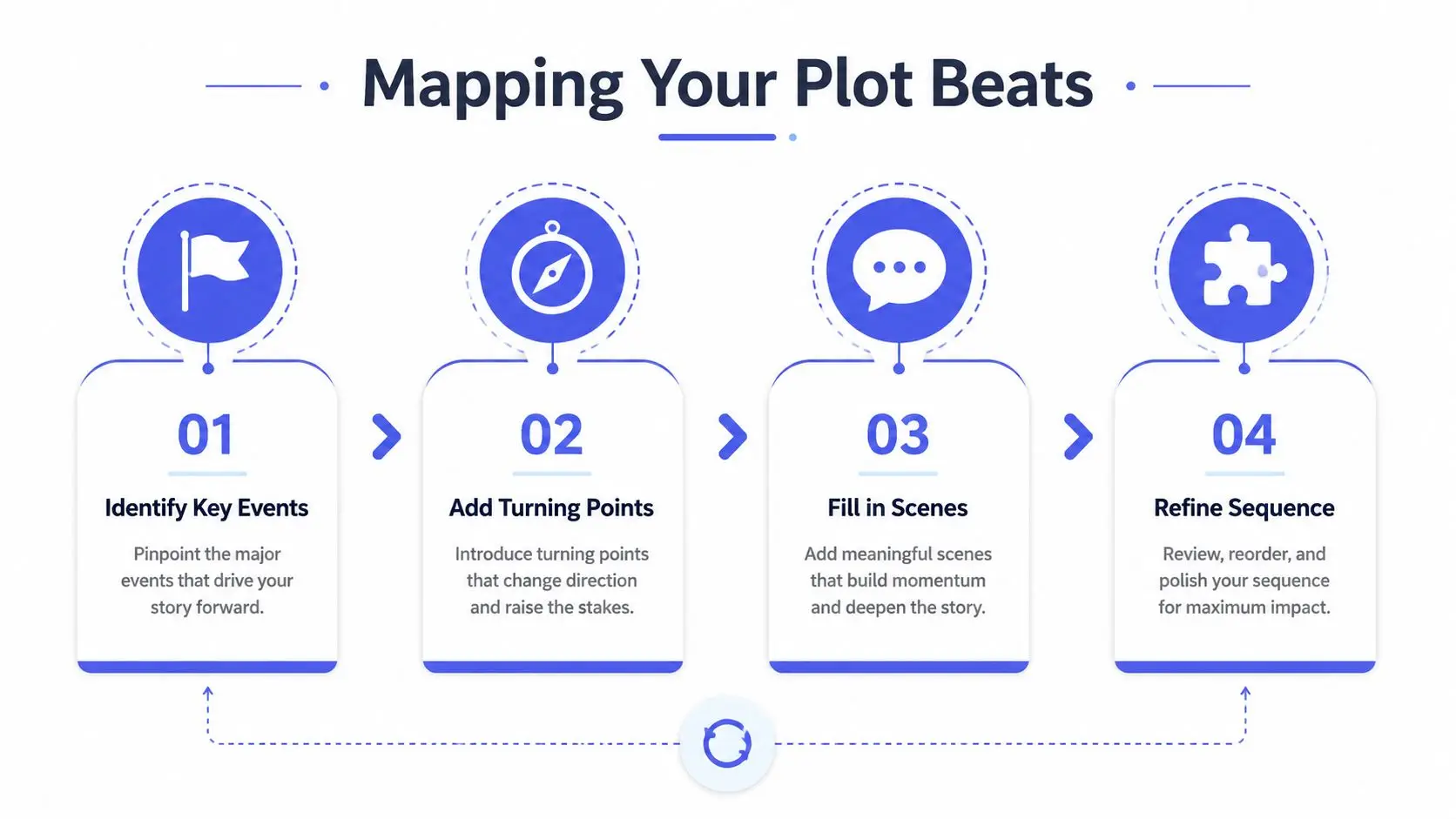 A four-step infographic process for mapping plot beats to organize and structure a novel outline.