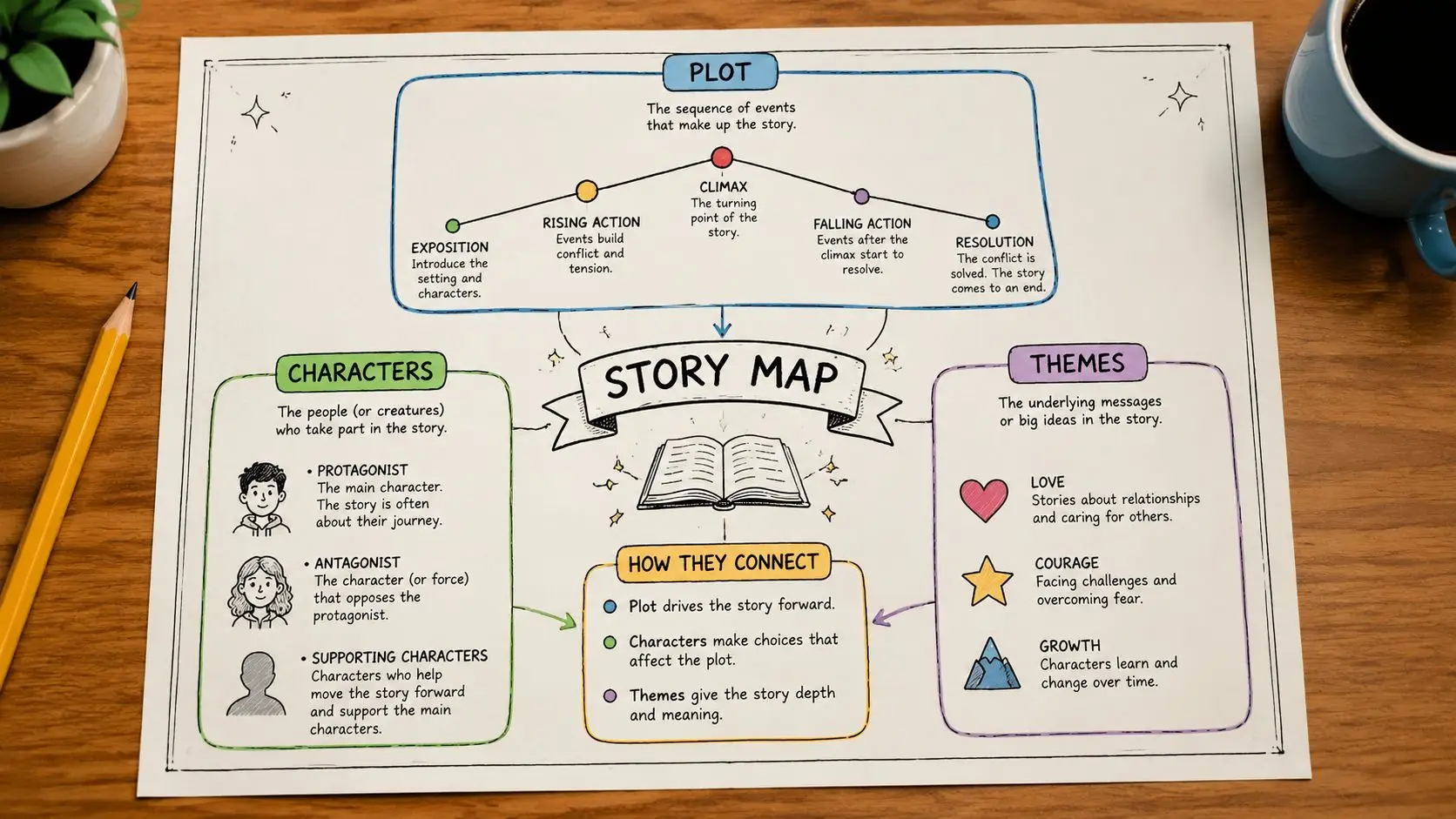 A colorful educational infographic titled Story Map explaining the elements of plot, characters, and themes in storytelling.