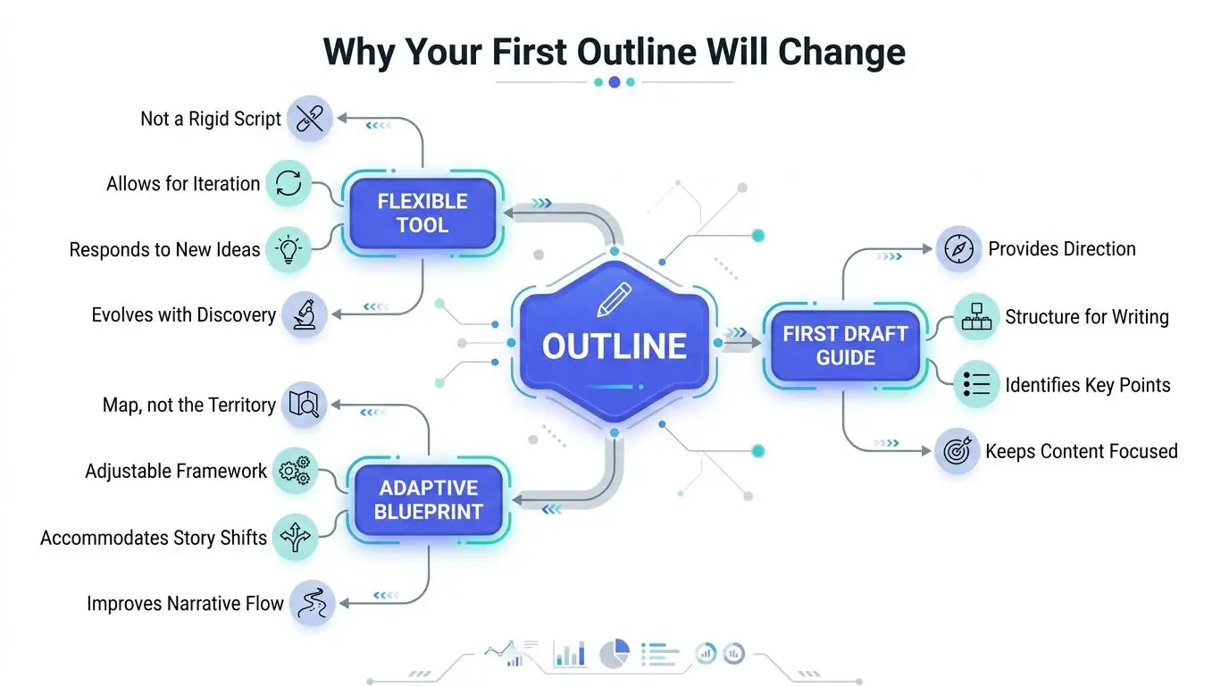 A diagram illustrating why a writing outline evolves, featuring concepts like flexible tools and adaptive blueprints.