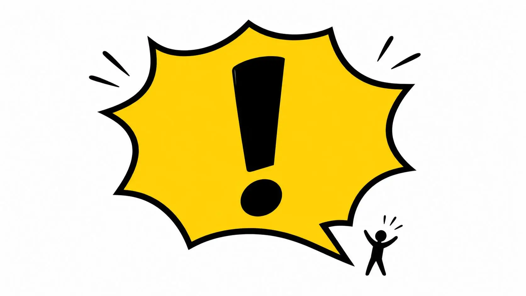 A yellow speech bubble with a black exclamation mark above a small person silhouette figure.
