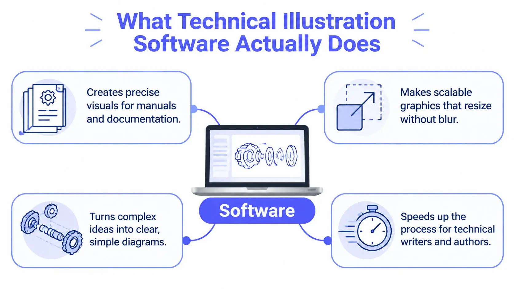 An infographic showing four key benefits of technical illustration software, including clear diagrams and scalable graphics.