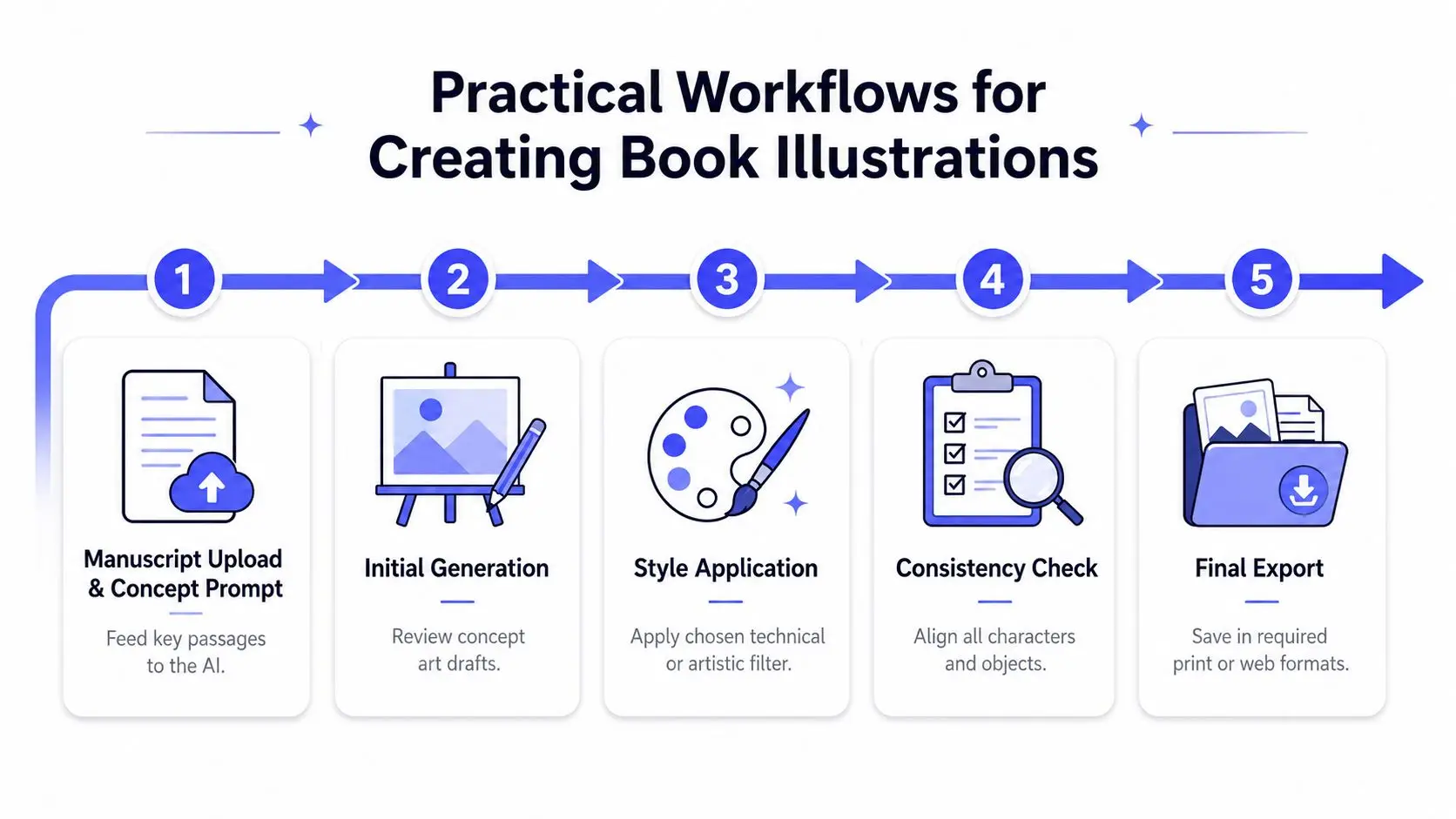 A flowchart showing five steps for creating book illustrations using artificial intelligence, from manuscript upload to export.