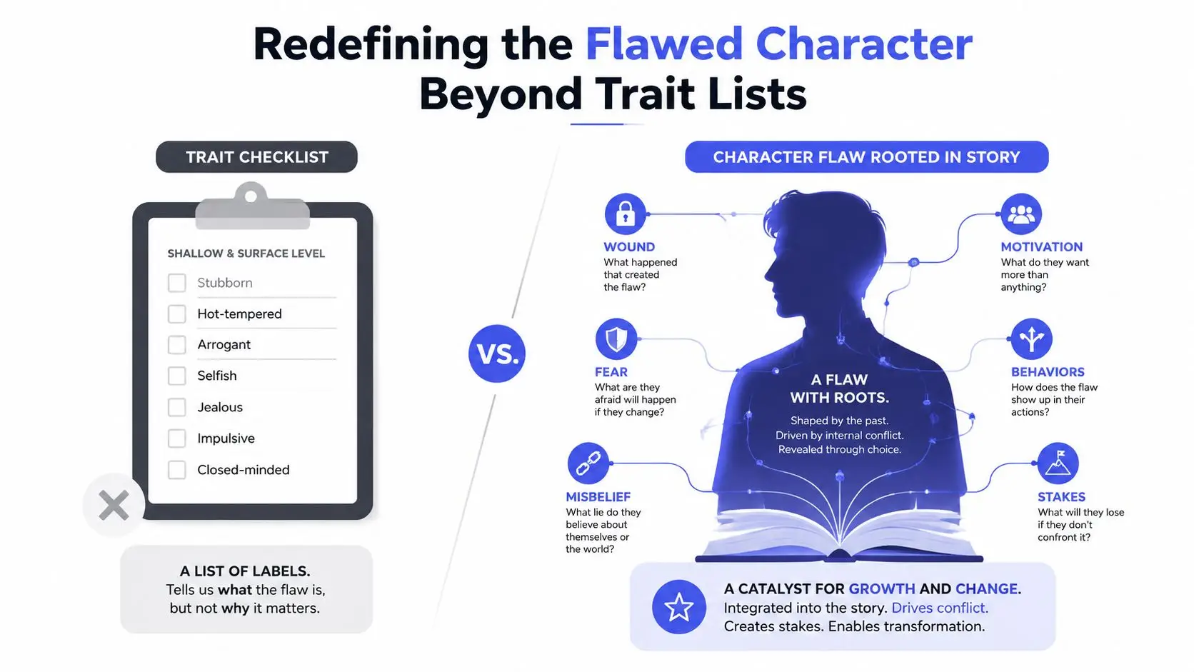 A diagram comparing shallow character traits with a deeper, story-integrated model of character development.