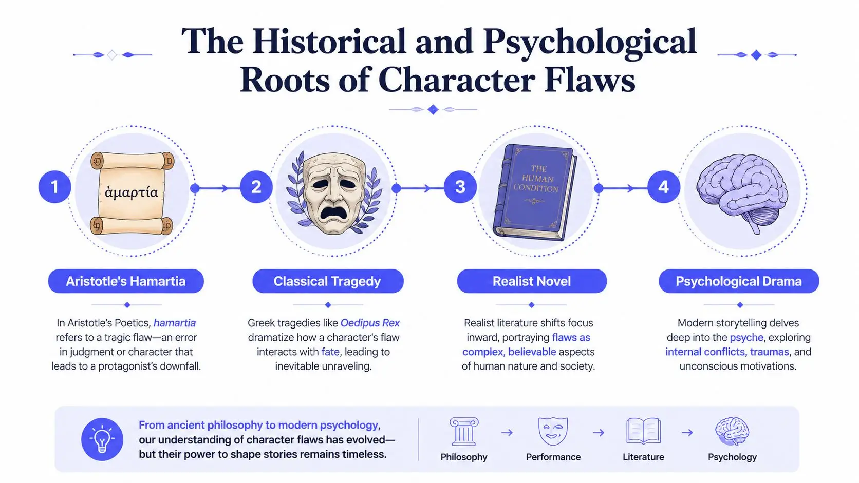 An infographic showing the historical and psychological evolution of character flaws from Aristotle's hamartia to modern psychological drama.