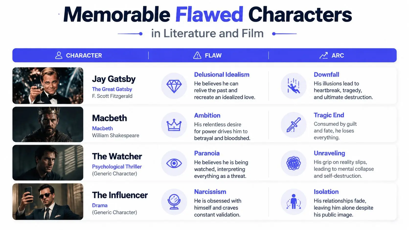 A chart illustrating memorable flawed characters from literature and film, featuring traits and narrative arcs.