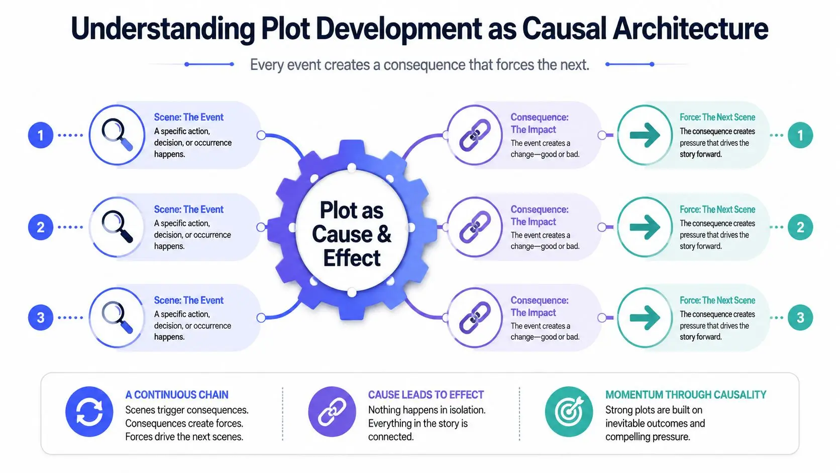 A diagram illustrating plot development as a causal architecture consisting of interconnected scenes, consequences, and forces.