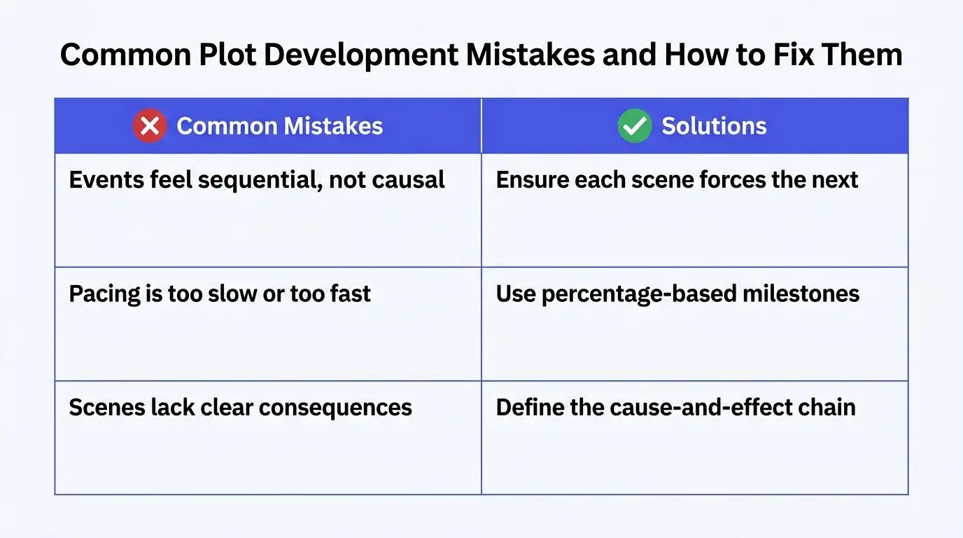 A table titled Common Plot Development Mistakes and How to Fix Them with three listed solutions.