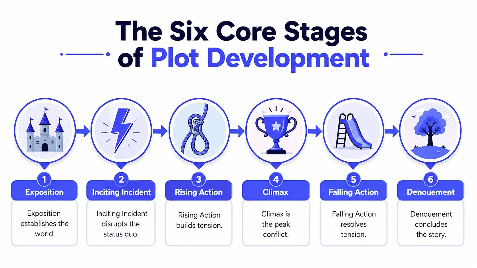 A diagram illustrating the six core stages of plot development including exposition, inciting incident, rising action, climax, falling action, and denouement.