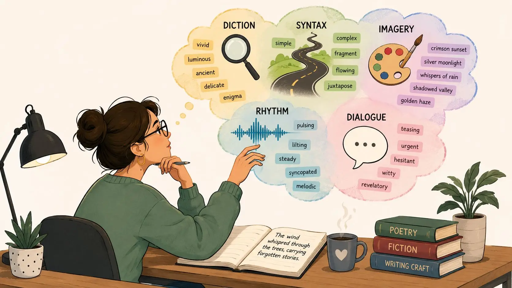 An illustration of a woman at a desk visualizing different literary elements like tone in her writing.