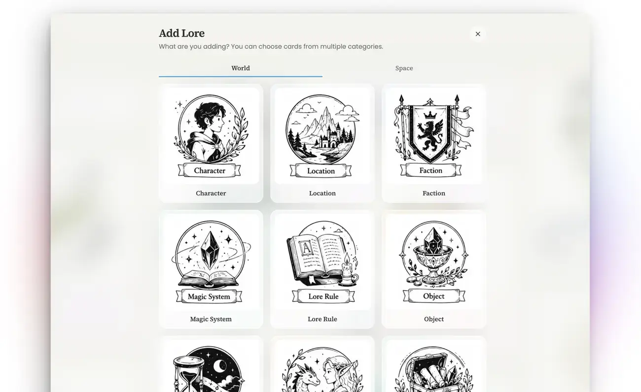 Storyloft worldbuilding lore categories menu for creating characters, locations, factions, technology, history, magic systems, artifacts, and other manuscript lore