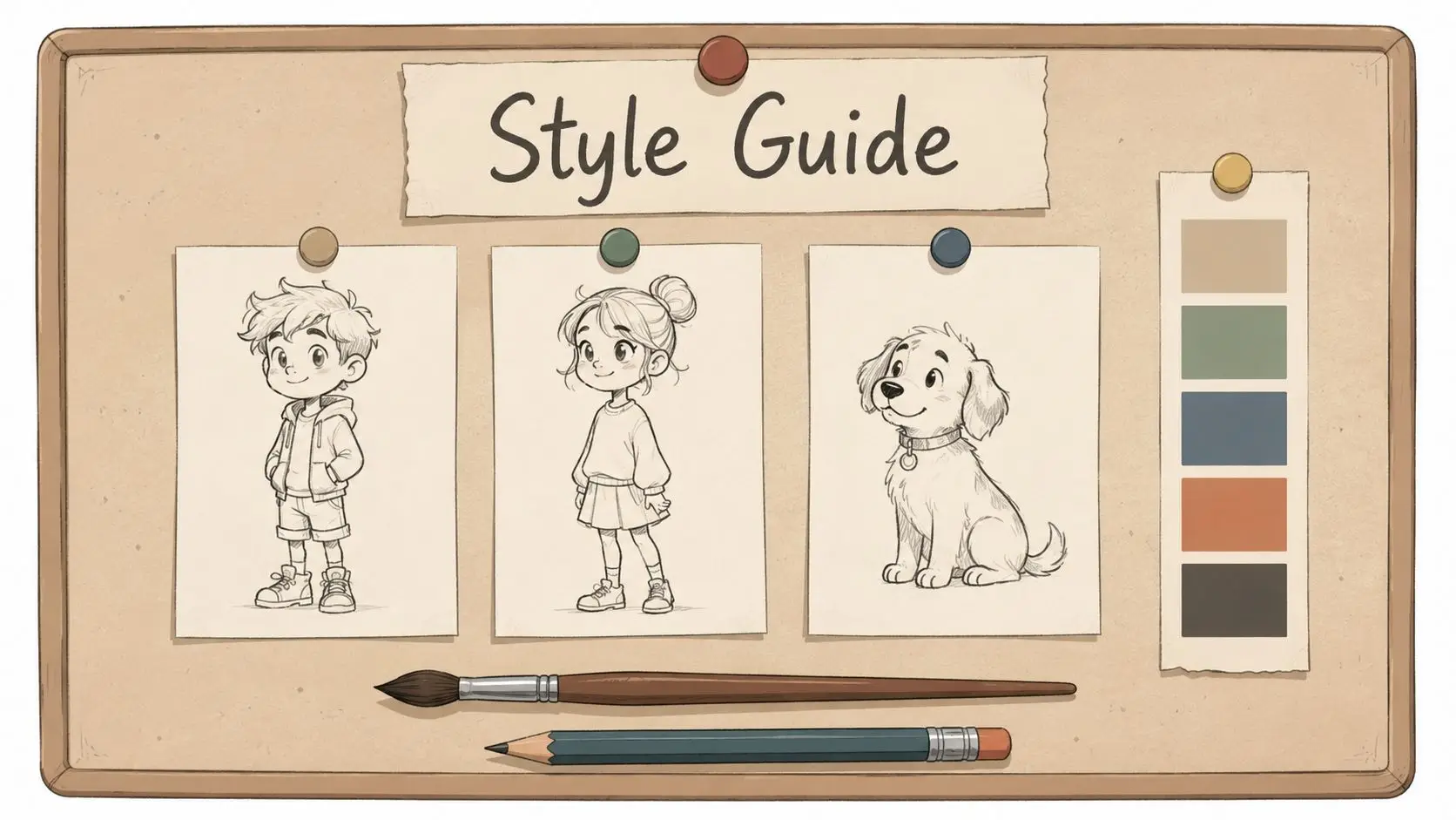 A cork board displaying character design sketches of a boy, a girl, and a dog for illustration.