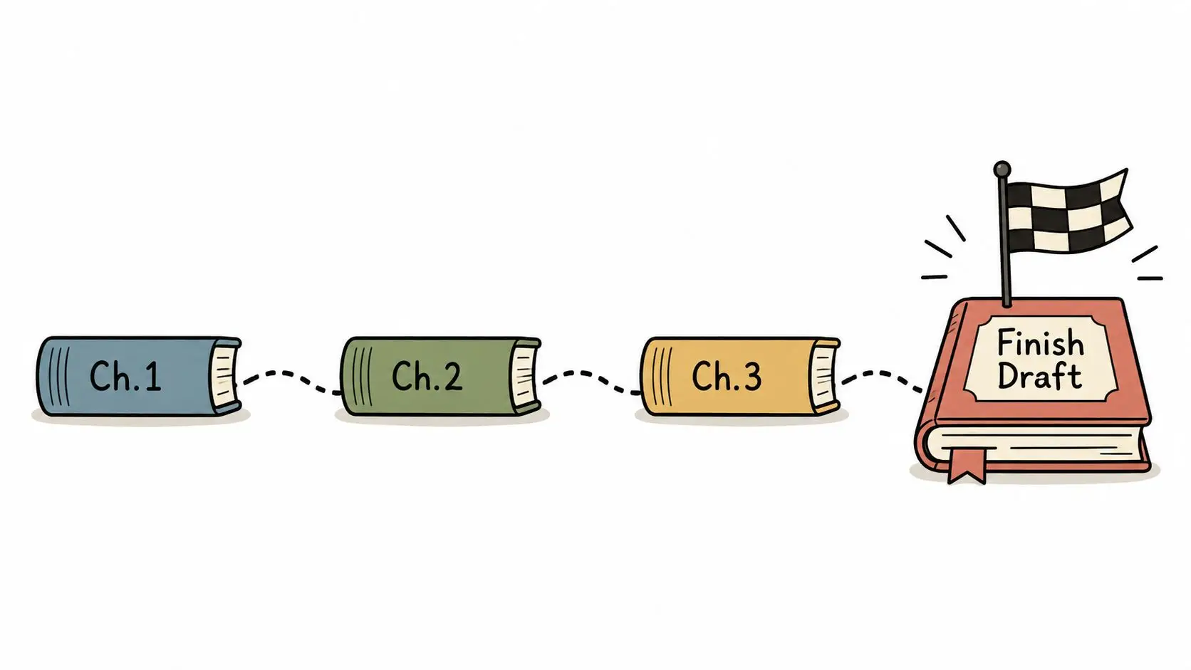 A progress chart showing three book chapters leading to a final draft book marked with a finish flag.