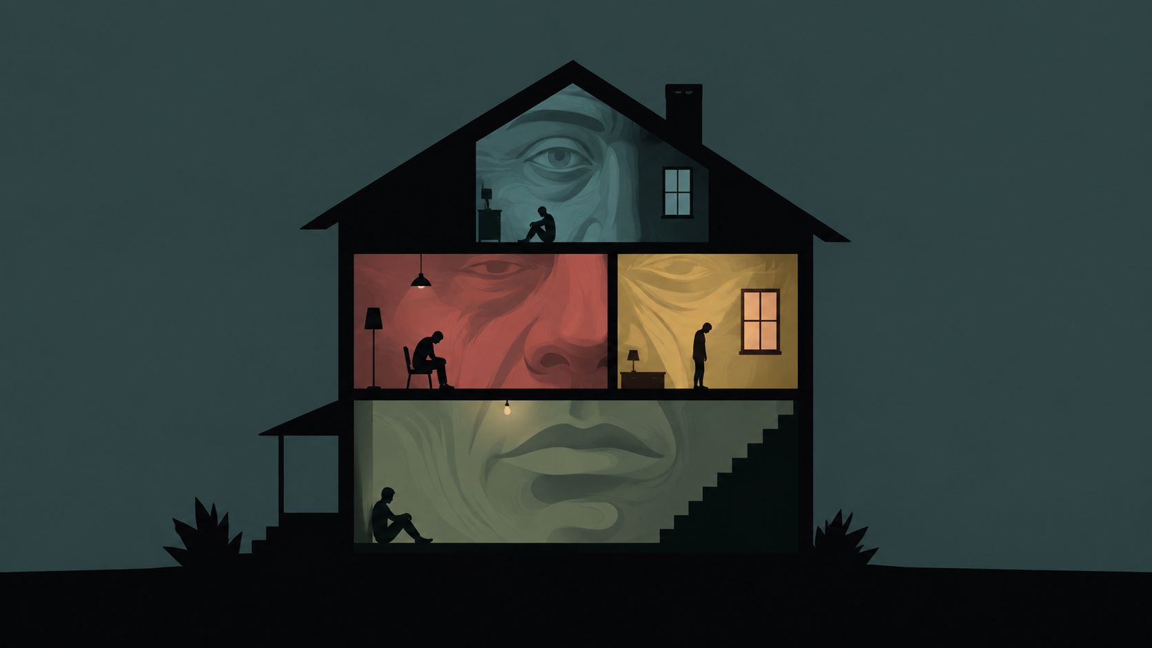 A house cross-section revealing a giant, shadowy face behind silhouette figures in various rooms.