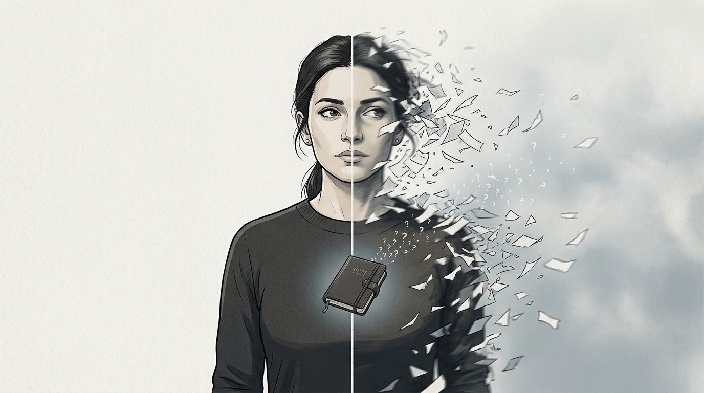 A woman's face and body disintegrating into paper fragments and question marks, symbolizing loss of identity.