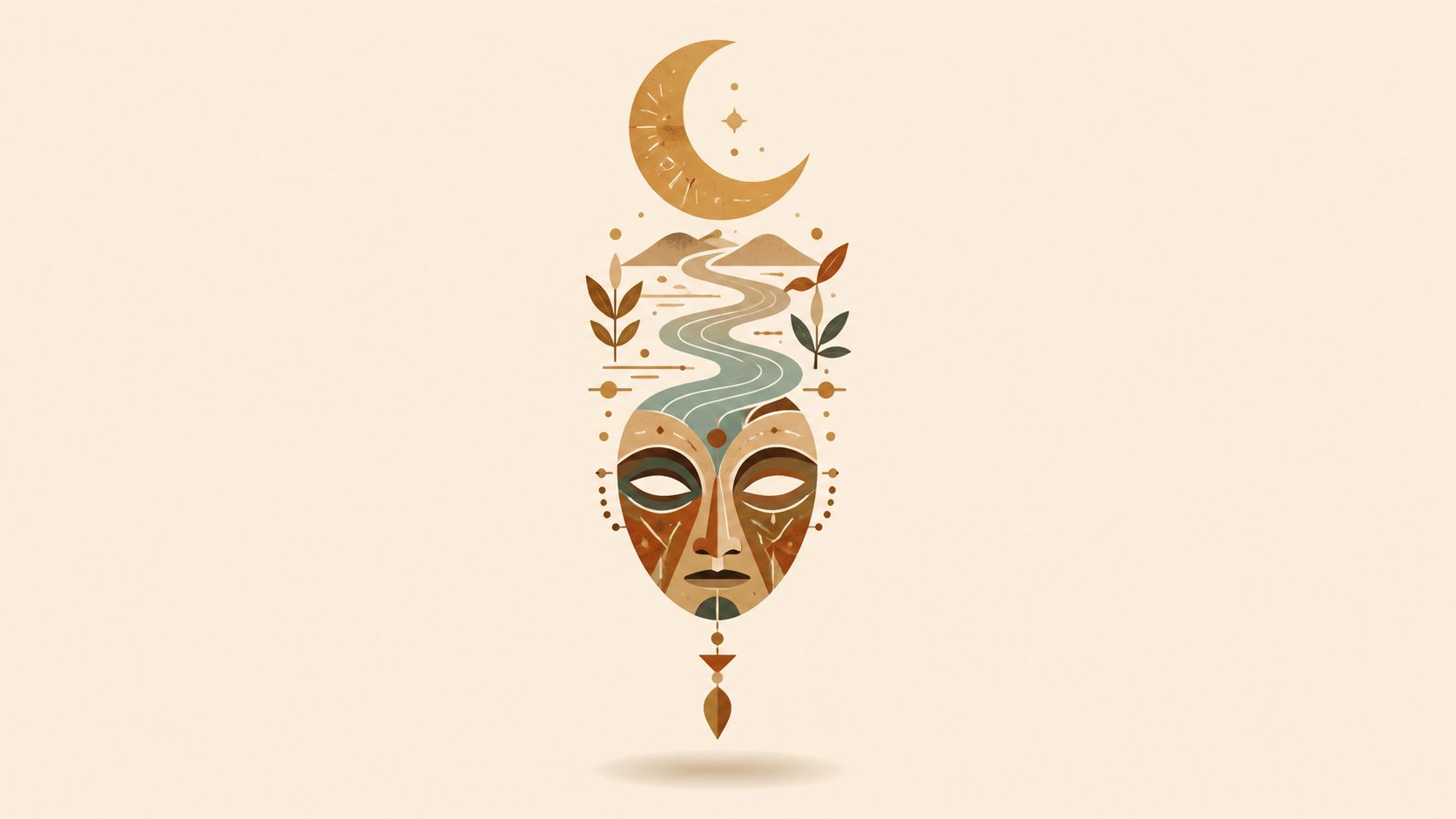 A stylized tribal mask illustration with a flowing river above and a crescent moon background.