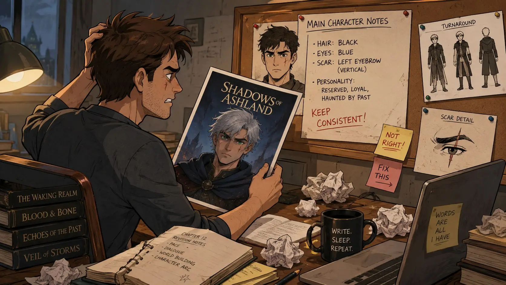 An artist frustrated with character design inconsistencies while working at a desk filled with reference notes.