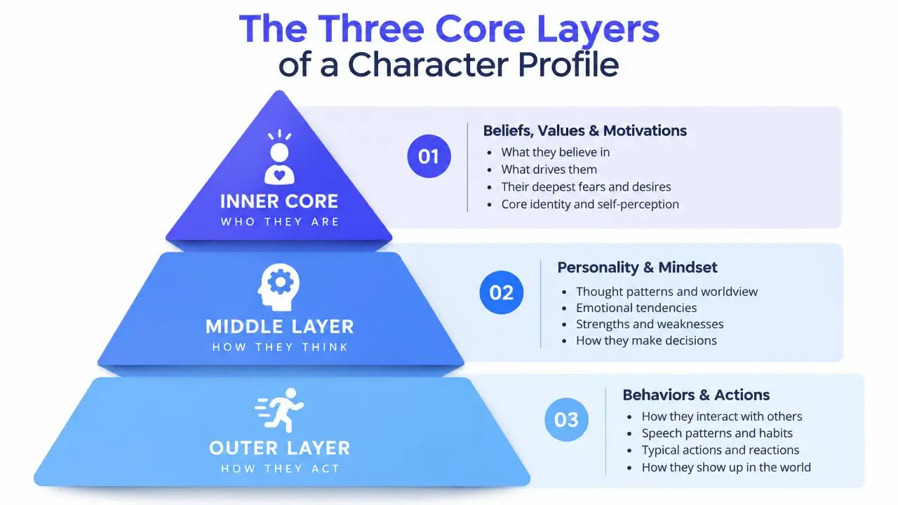 A diagram illustrating the three core layers of a character profile: Inner Core, Middle Layer, and Outer Layer.