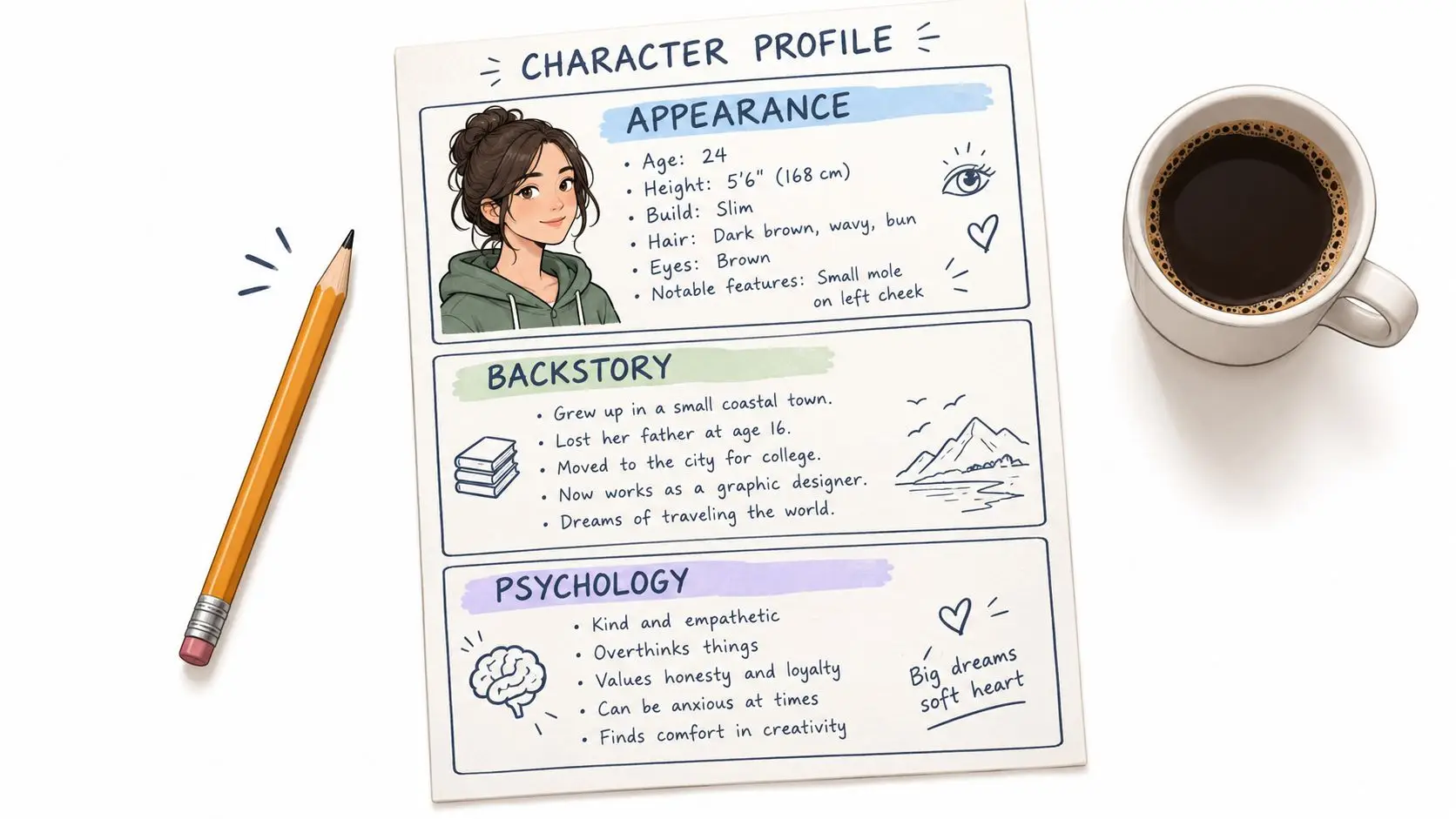 A character profile template document on a white background with a pencil and a coffee mug.