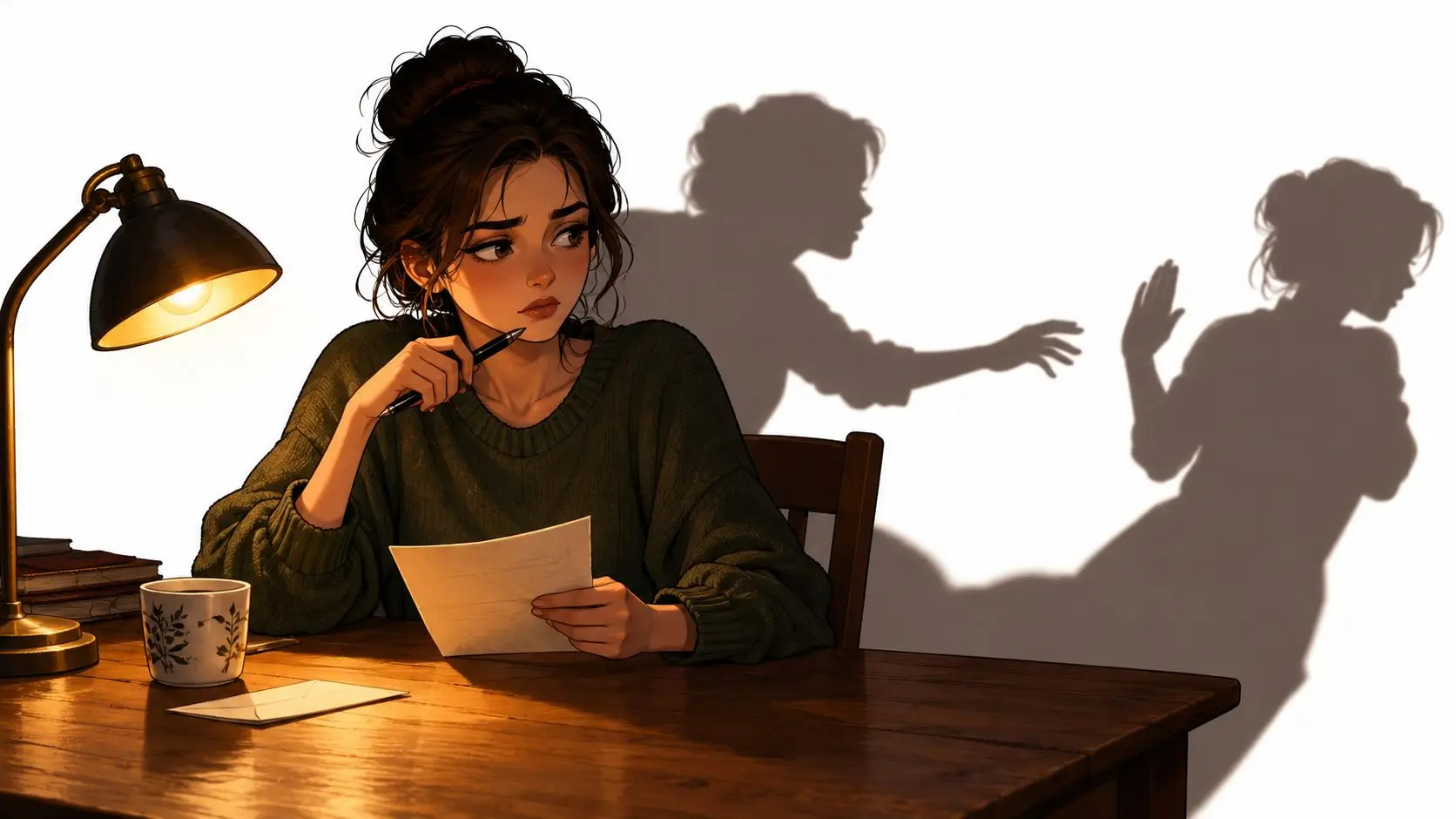 An anime style woman sitting at a desk with a shadow on the wall showing internal conflict.