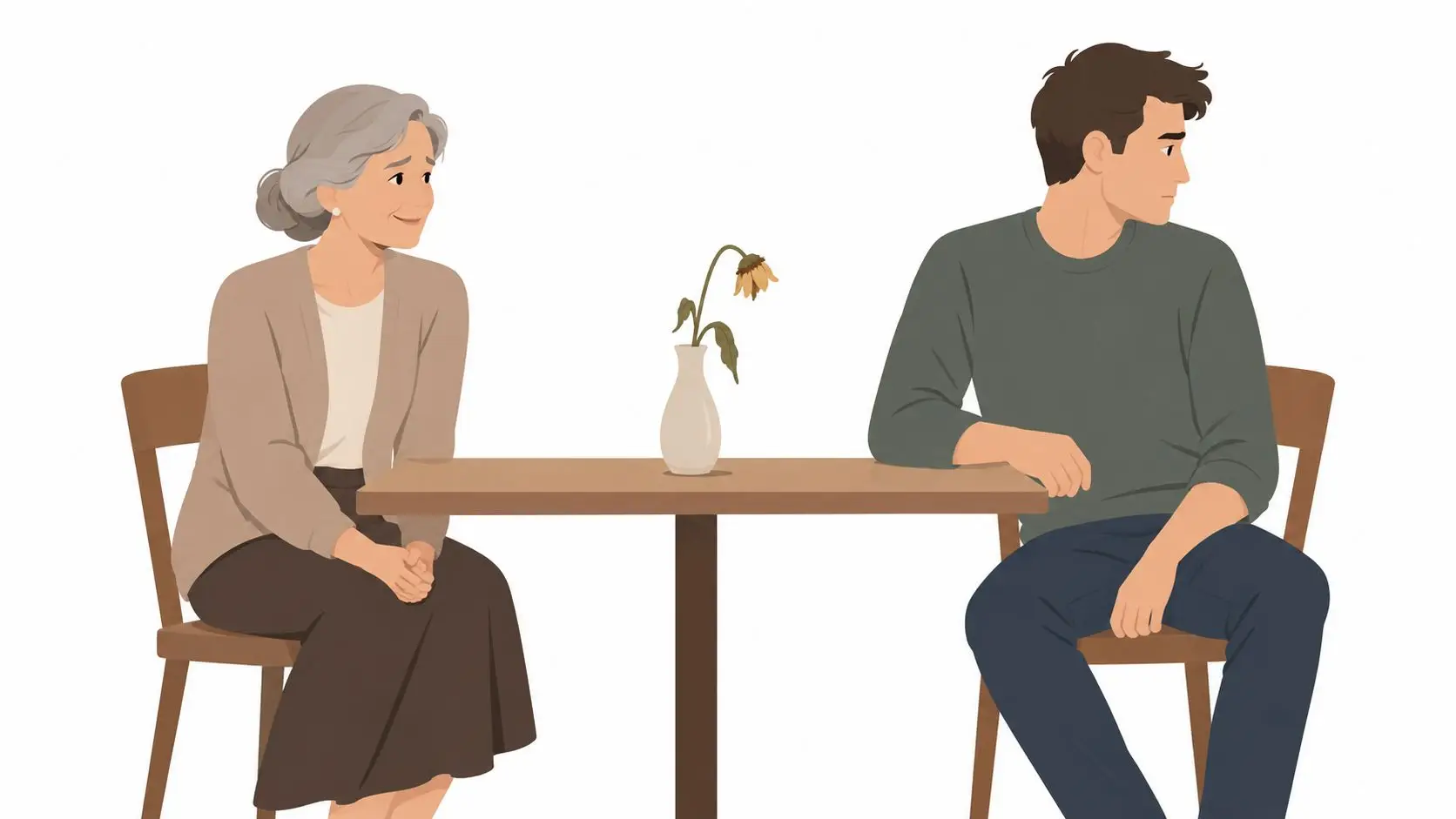 A young man sits at a table looking away from an elderly woman, suggesting a strained conversation.