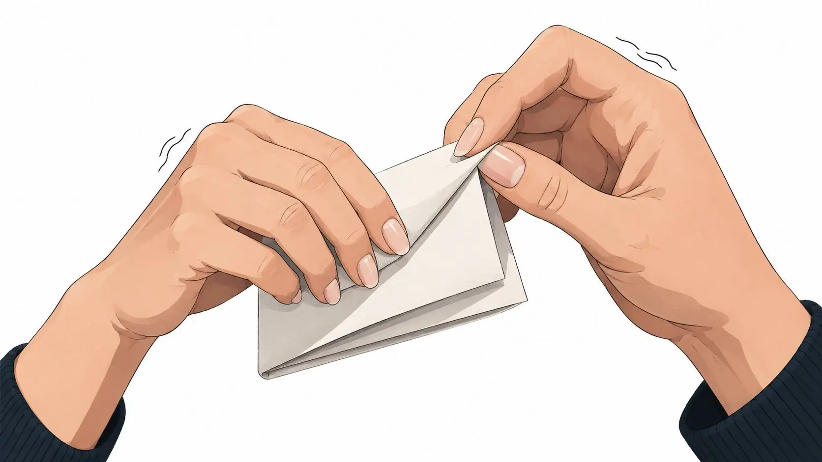A close-up illustration of hands nervously folding a piece of plain white paper.