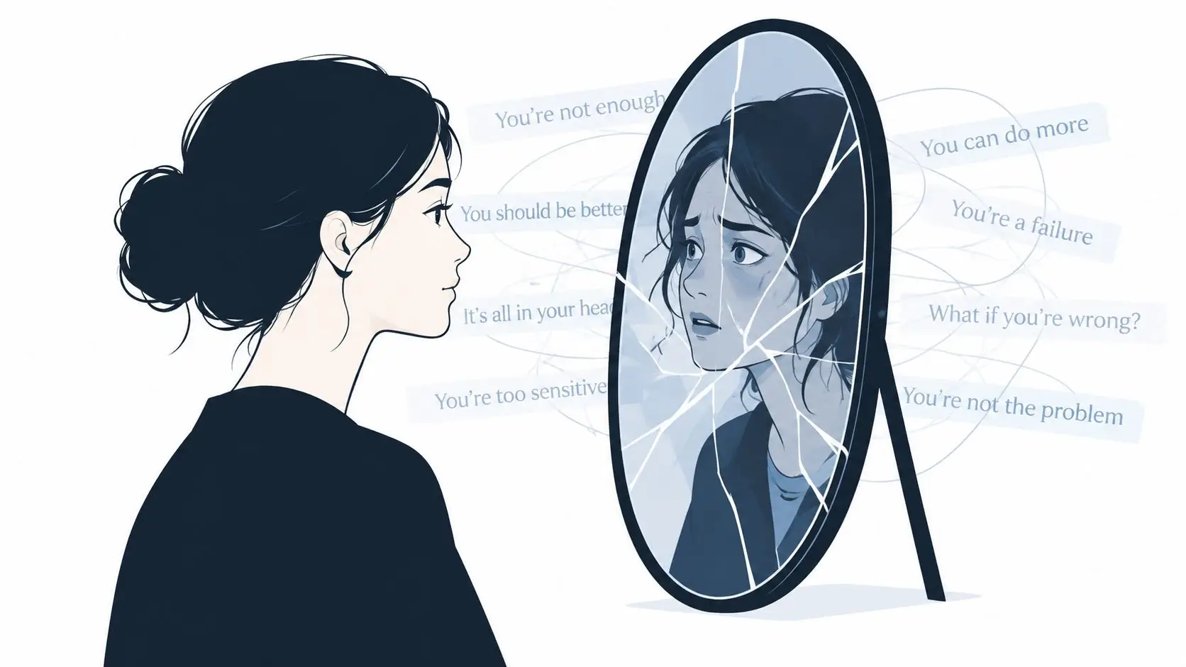 An illustration of a woman looking into a cracked mirror reflecting her anxious, distorted self-image.