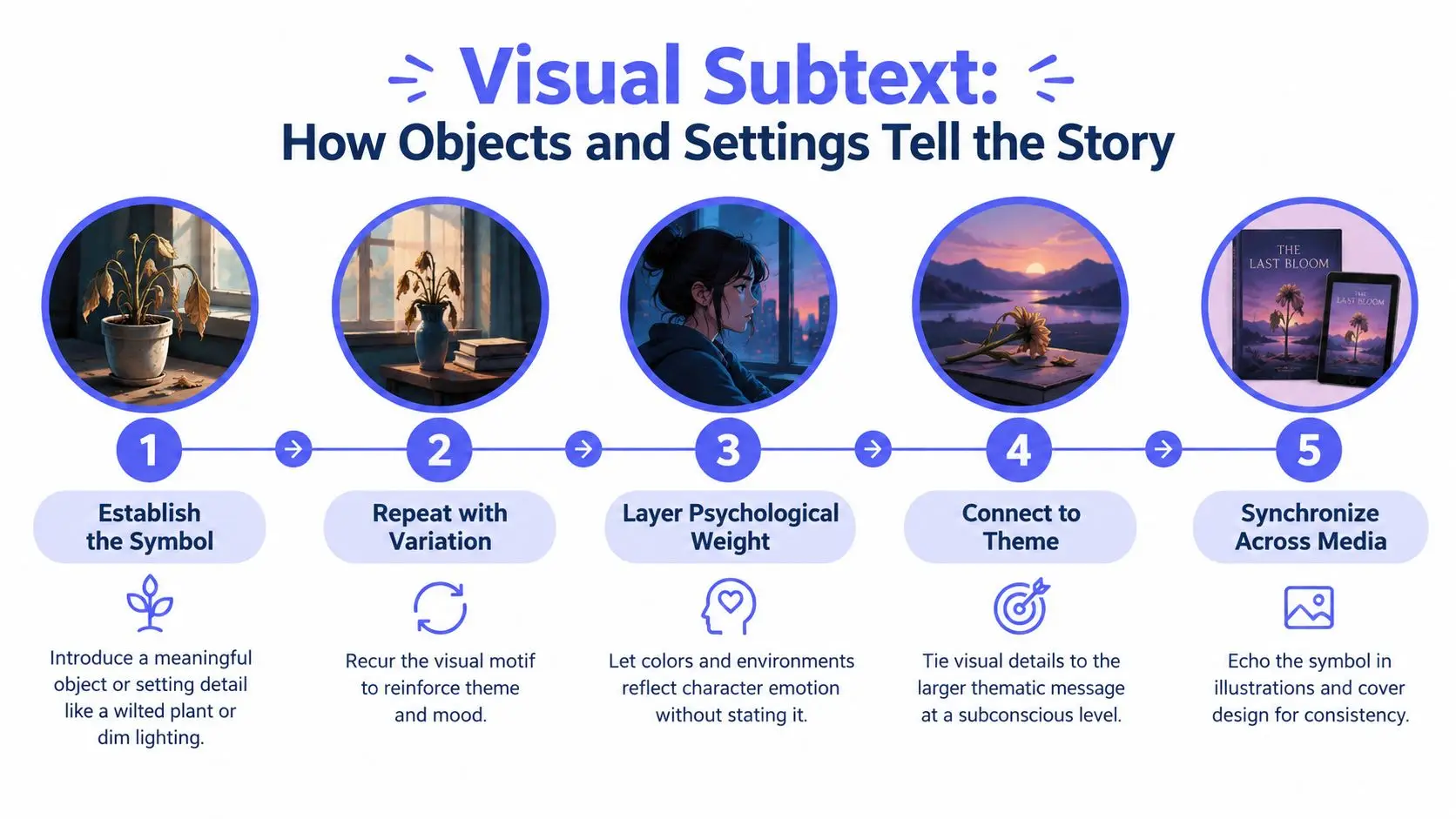 An infographic illustrating five steps for using visual subtext through symbols to enhance storytelling and theme.