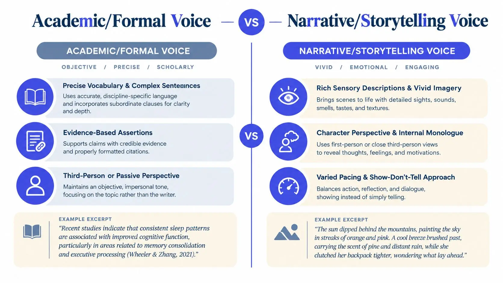 A comparison chart outlining the key differences between academic formal voice and narrative storytelling voice in writing.