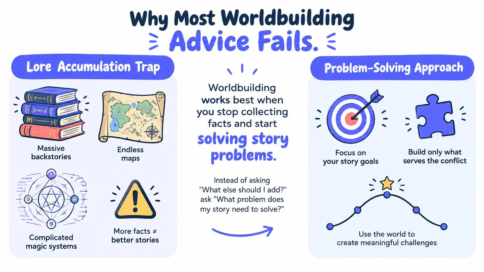 An infographic showing the difference between collecting lore versus using a problem-solving approach in worldbuilding.