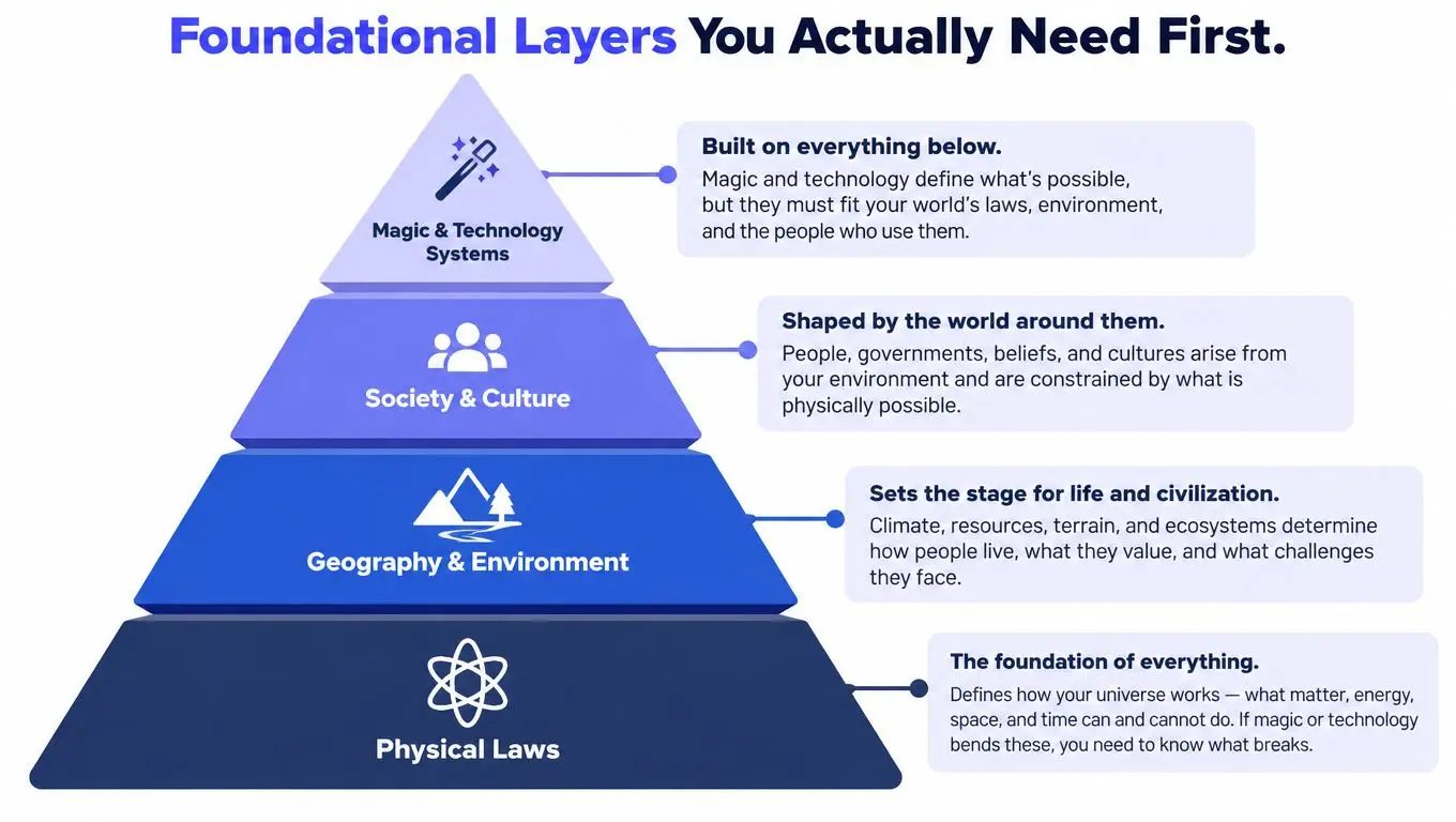 A pyramid diagram showing the foundational layers needed to build a fictional world starting from physical laws.