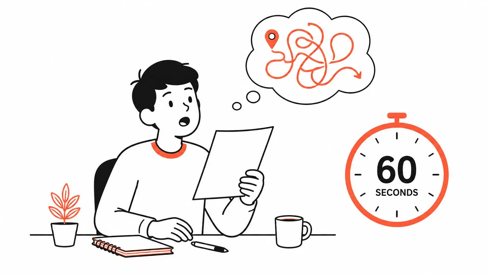 A confused student looking at a document with a sixty-second timer icon next to them.