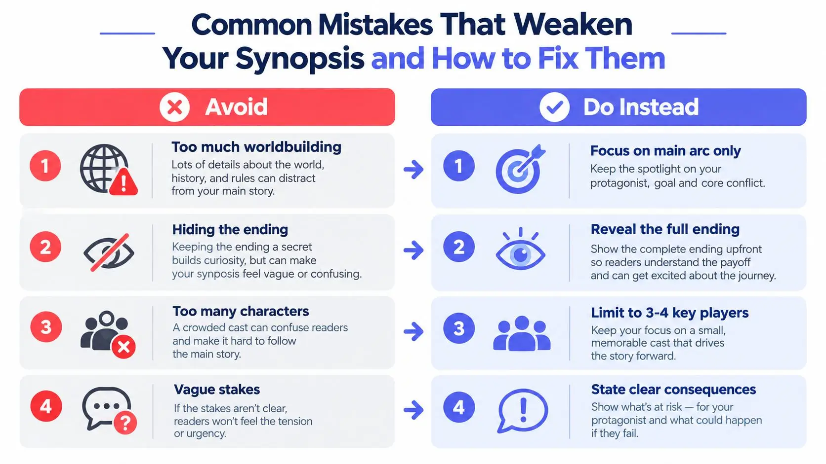 A comparison chart showing common mistakes to avoid and best practices for writing a book synopsis.
