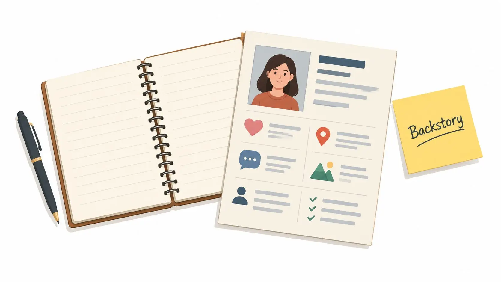 A spiral notebook, a pen, and a document profile with a character portrait and labels.