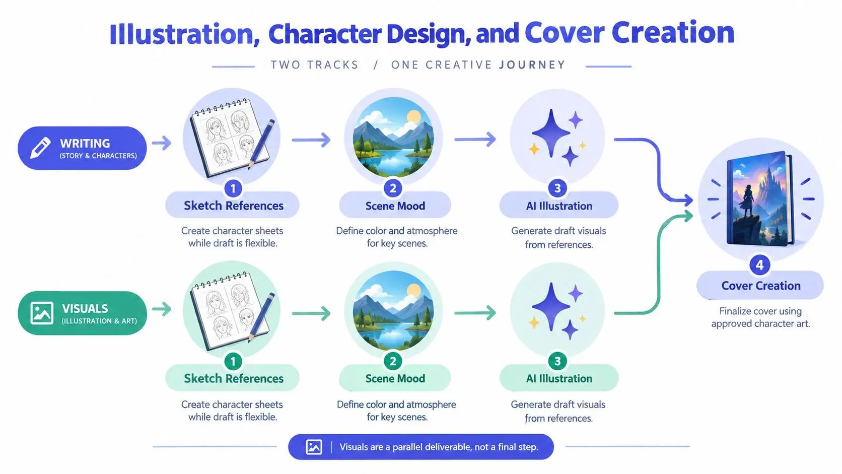 A diagram illustrating a two-track creative process for book cover design, featuring character sketching, scene mood boarding, and AI illustration.