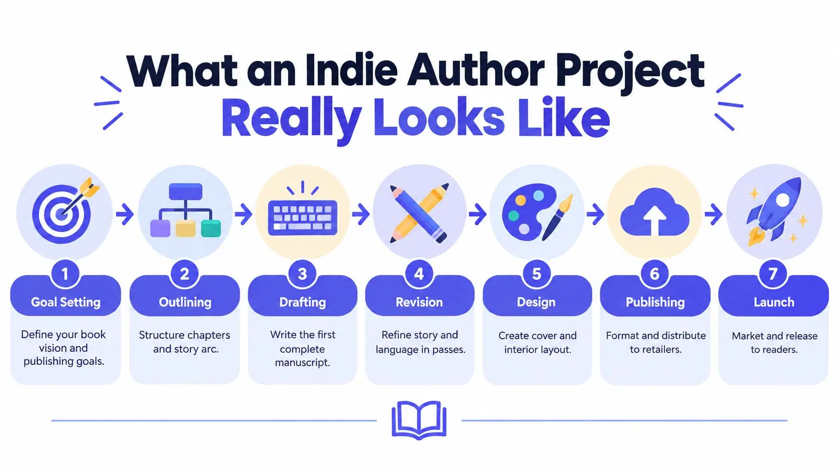 An infographic showing the seven stages of the indie author project process from goal setting to launch.