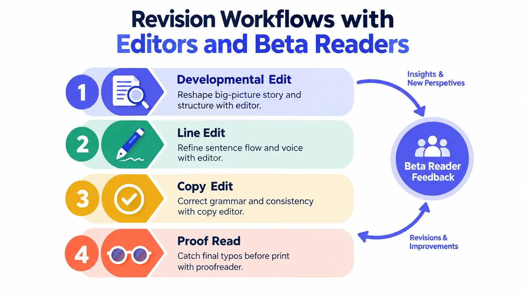 A four-step infographic illustrating the revision workflows for authors involving editors and beta reader feedback.