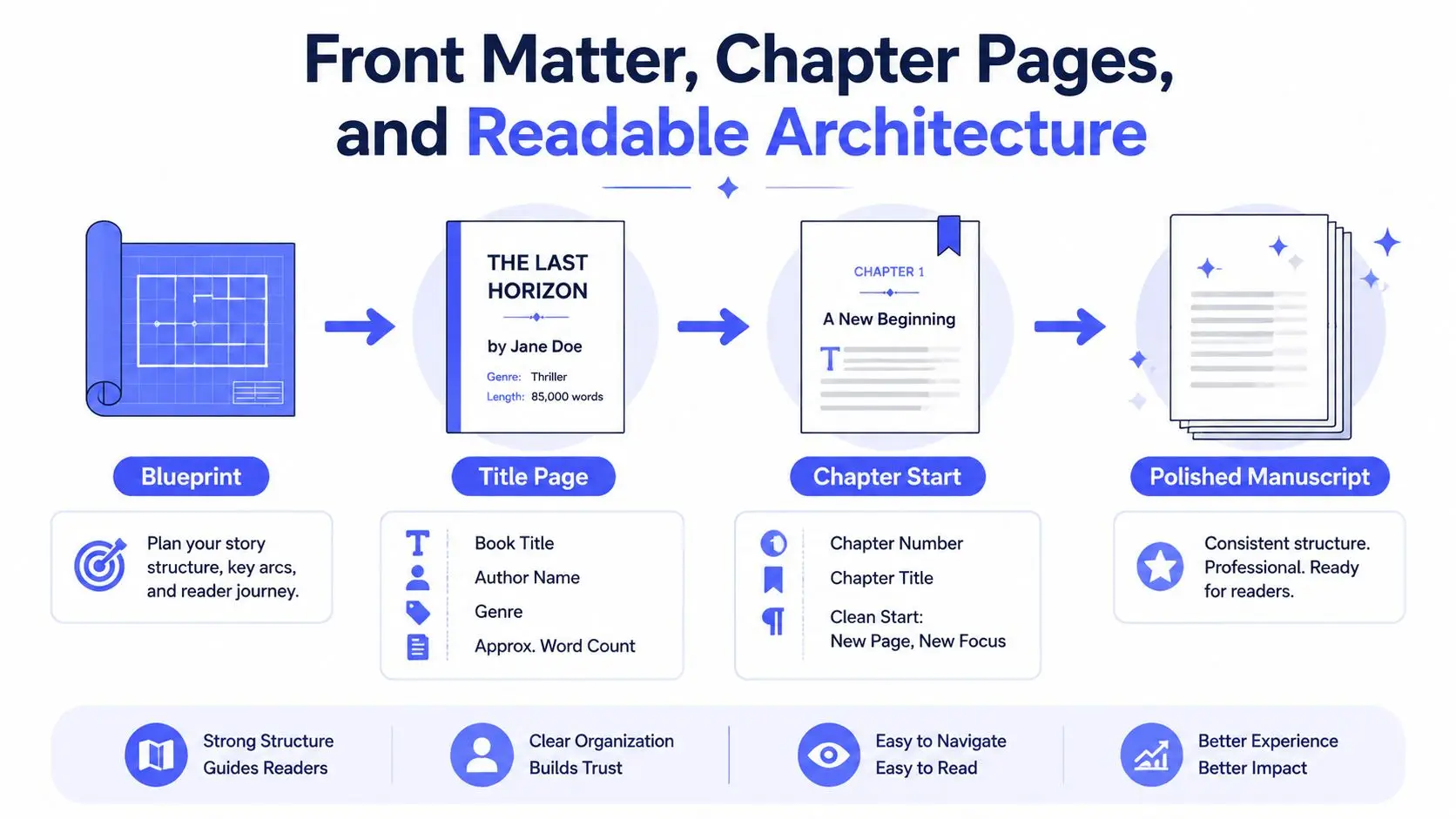 A visual guide illustrating the steps from planning a story blueprint to creating a polished book manuscript.