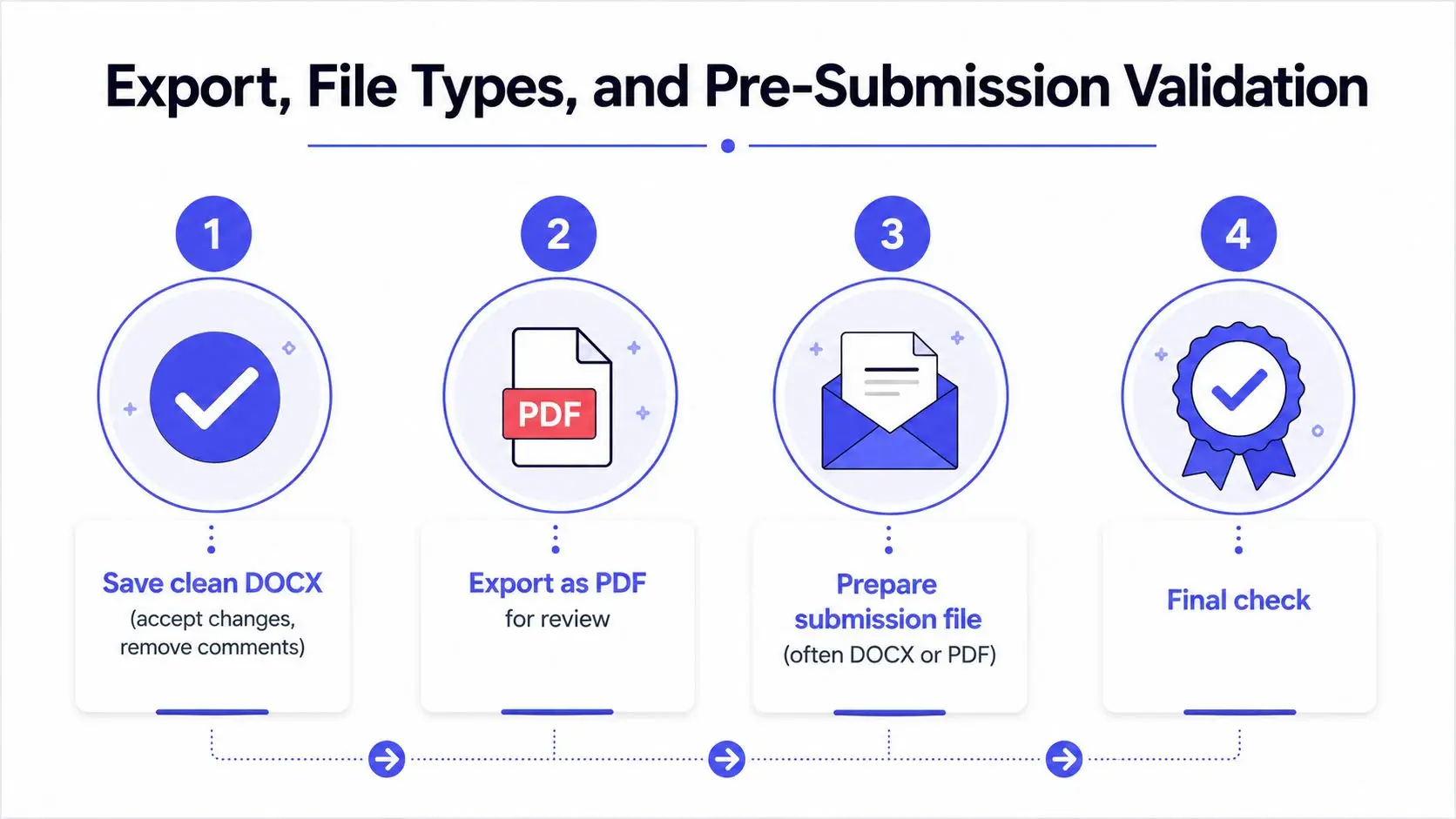 A four-step infographic illustrating the process of document preparation, including saving, exporting as PDF, and final validation.