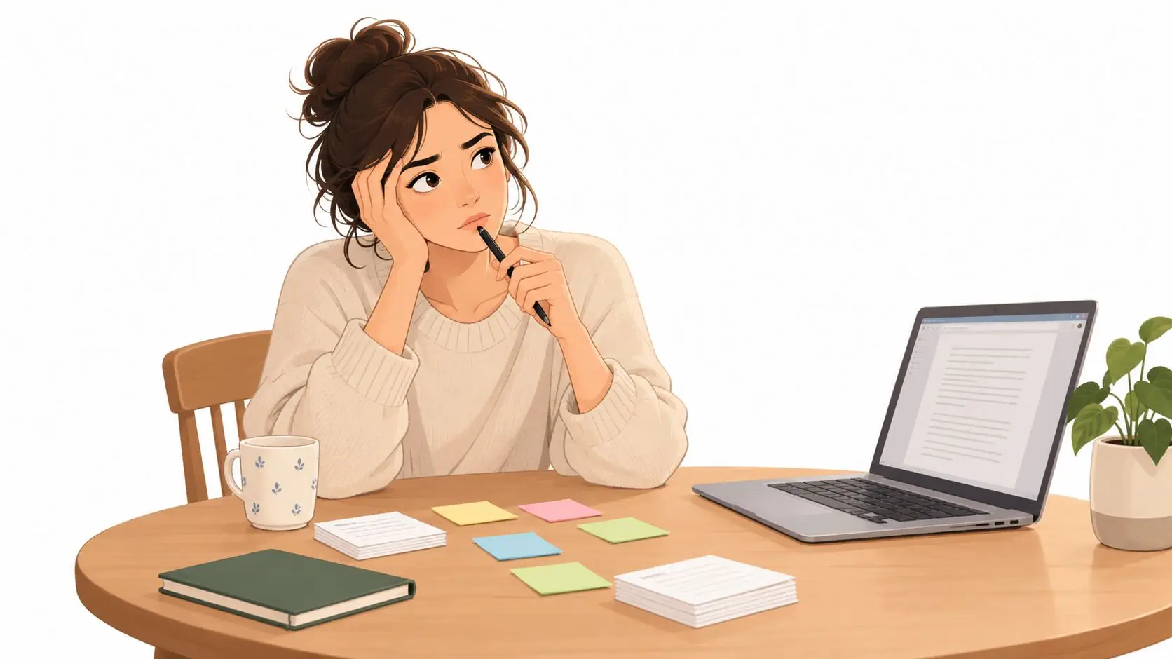 A young woman sits at a wooden table, deep in thought while working on her novel.