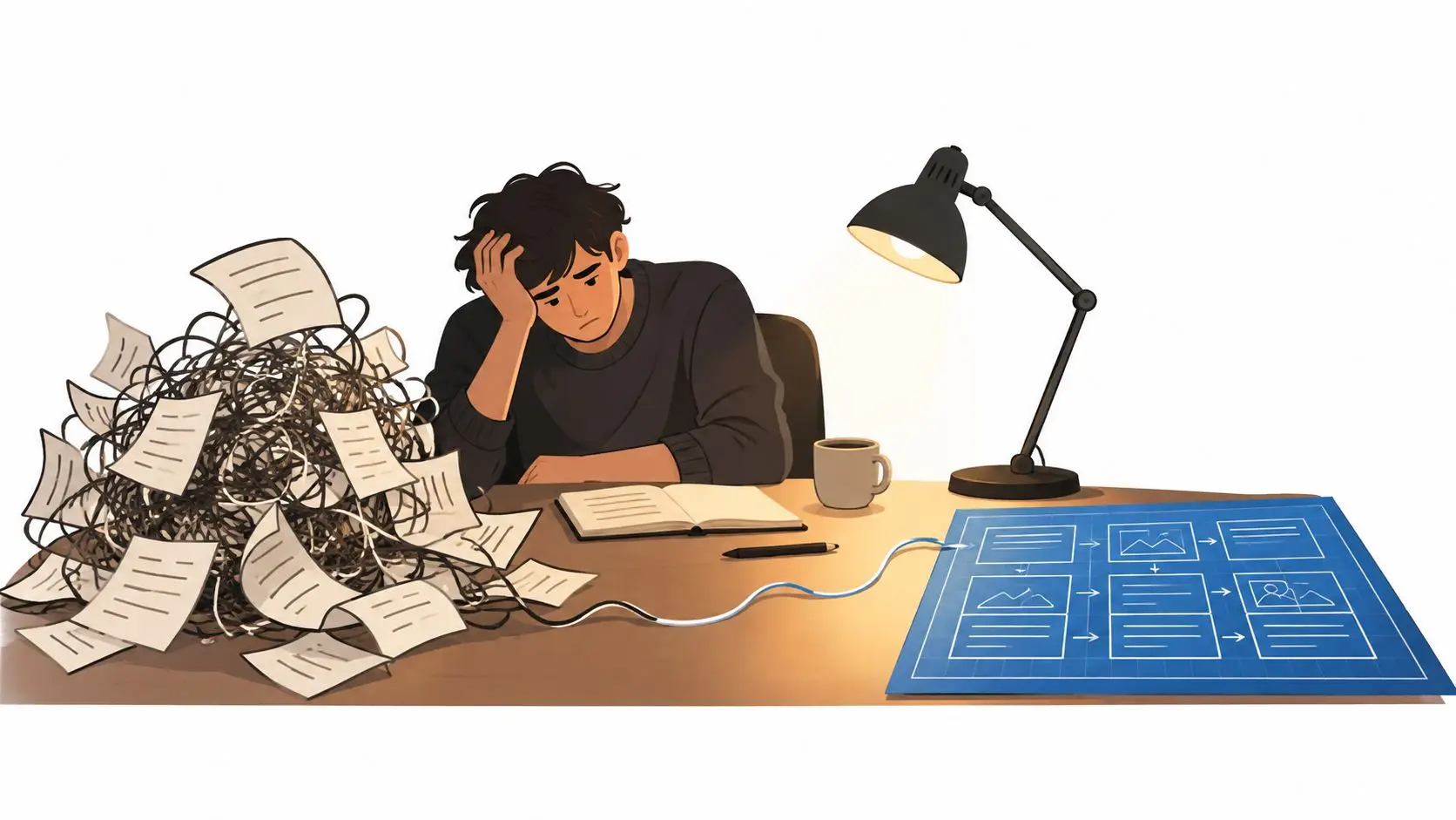 A person feeling overwhelmed by a messy pile of disorganized notes while working on a structured plan.