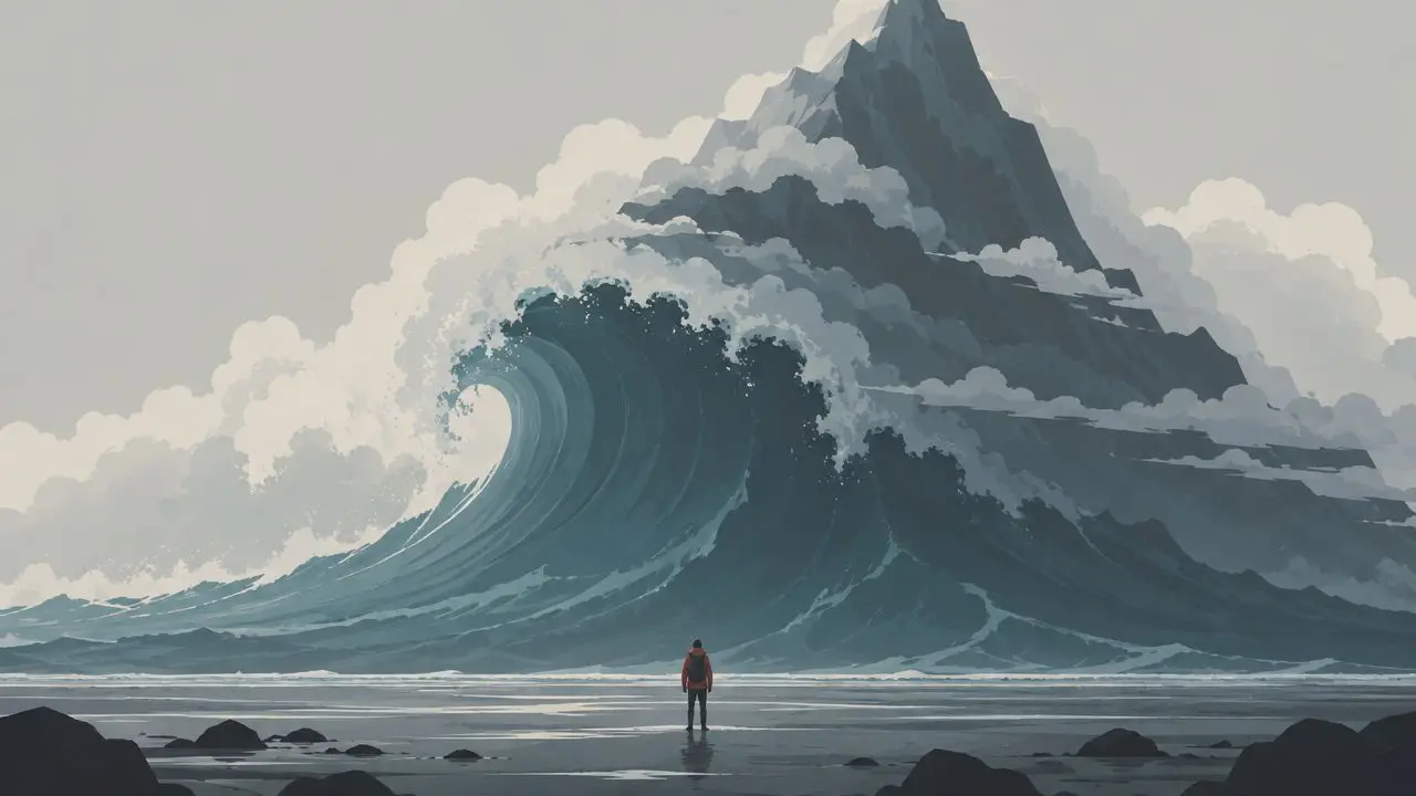 A lone person in an orange jacket stands on a beach facing a massive wave shaped like a mountain.