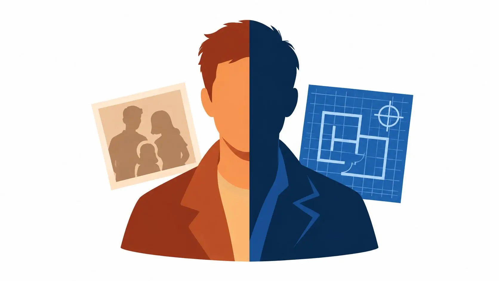 A split image showing a man with family photos on one side and architectural blueprints on the other.