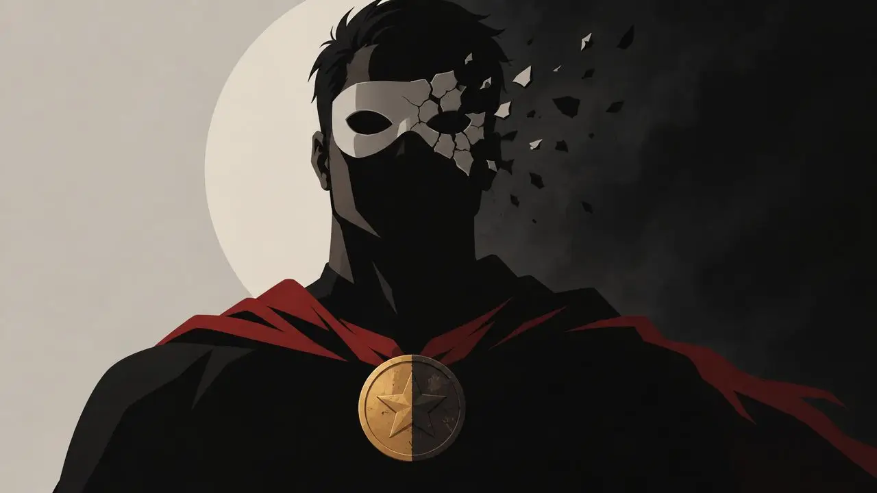 A mysterious superhero with a crumbling white mask and a golden star medallion on his cape.