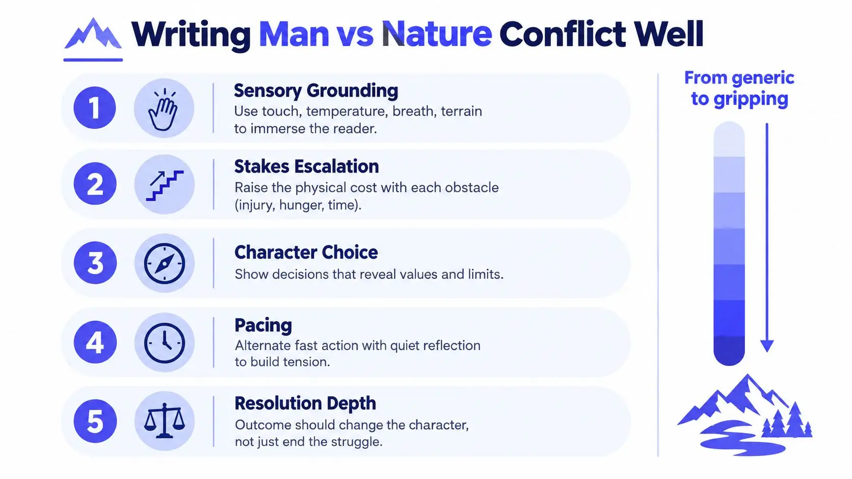 A five-step guide on how to write effective man versus nature conflict in literary storytelling.