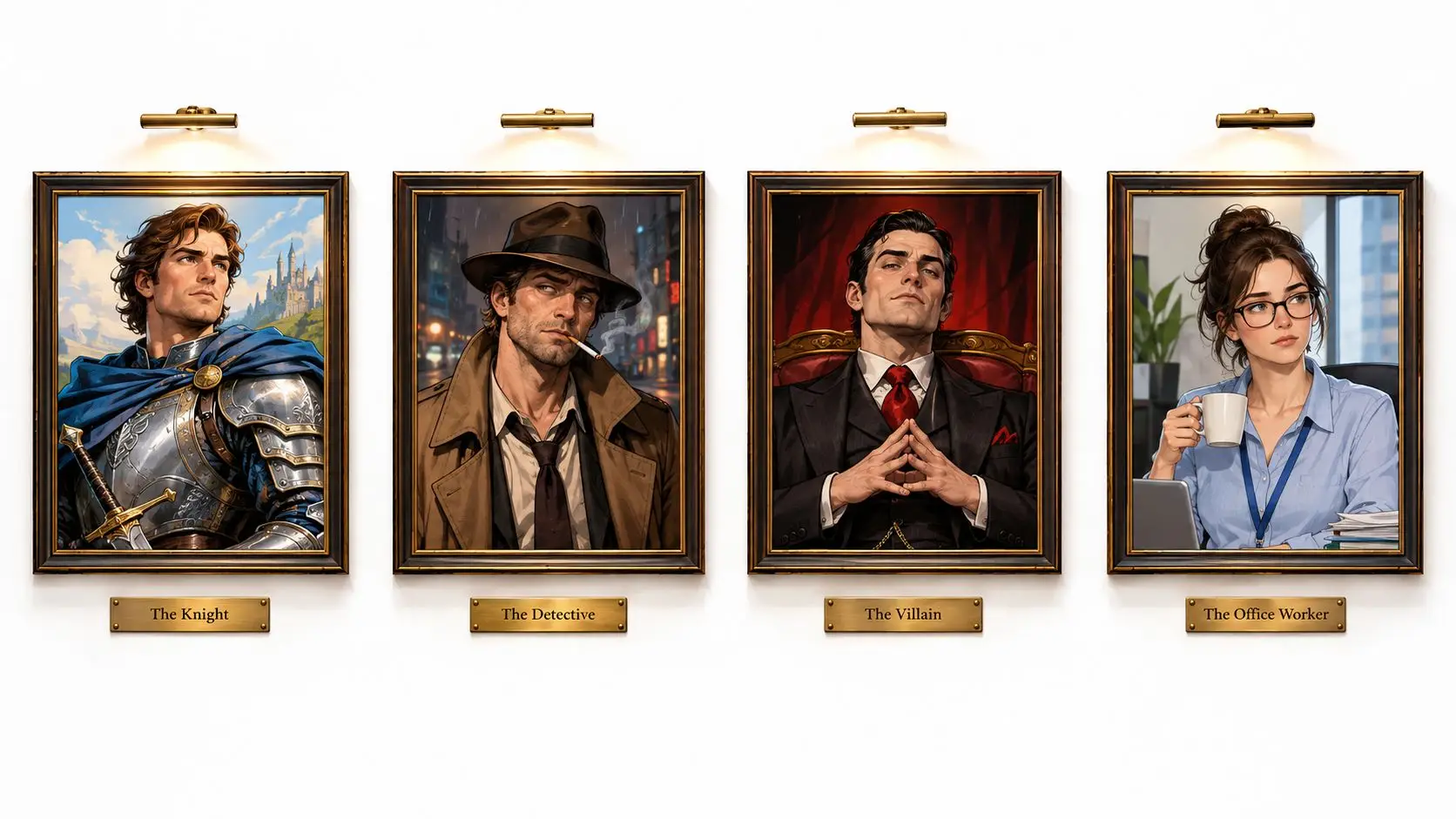 Four framed portraits depicting a knight, a detective, a villain, and an office worker on a white wall.