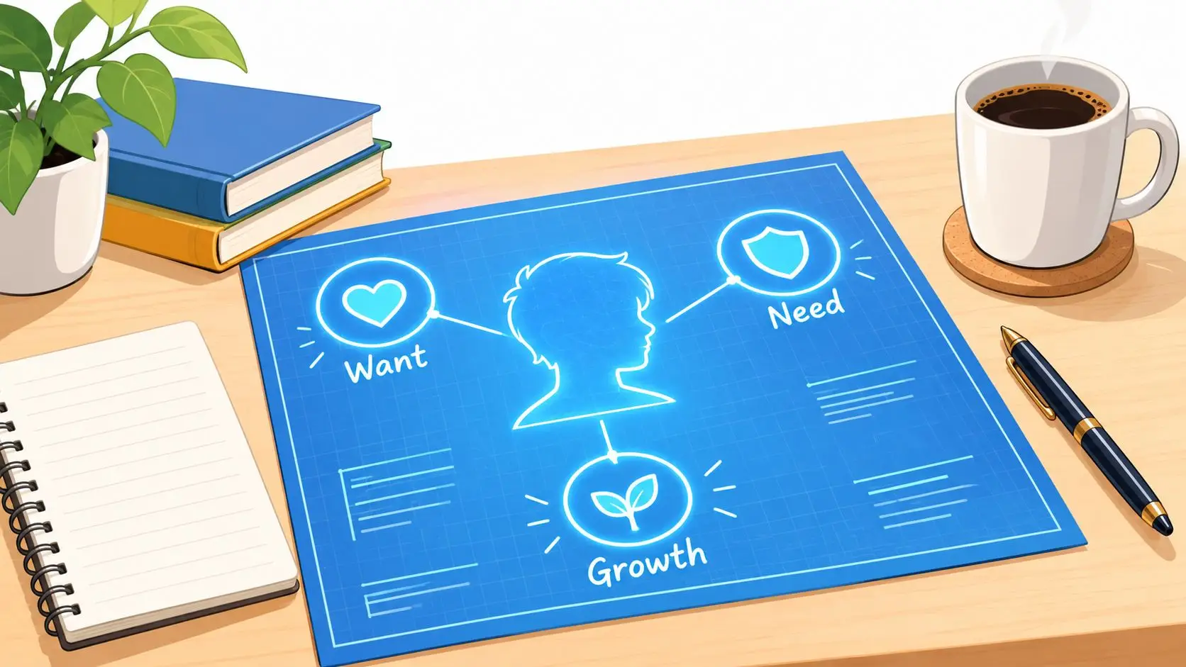 A workspace with a blueprint featuring a head silhouette connected to Want, Need, and Growth icons.