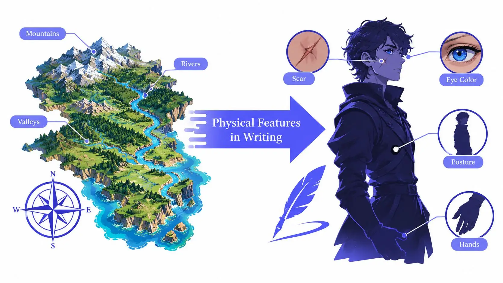 A visual guide comparing landscape terrain features to character physical descriptions for creative writing instruction.